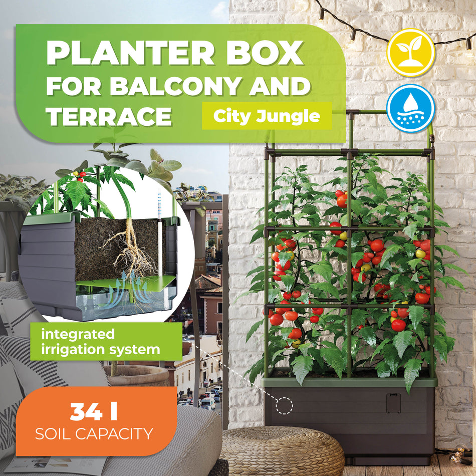 Raised Garden Bed CITY JUNGLE, Watering System, Trellis, Planter Box 62 x 33 x 128 cm